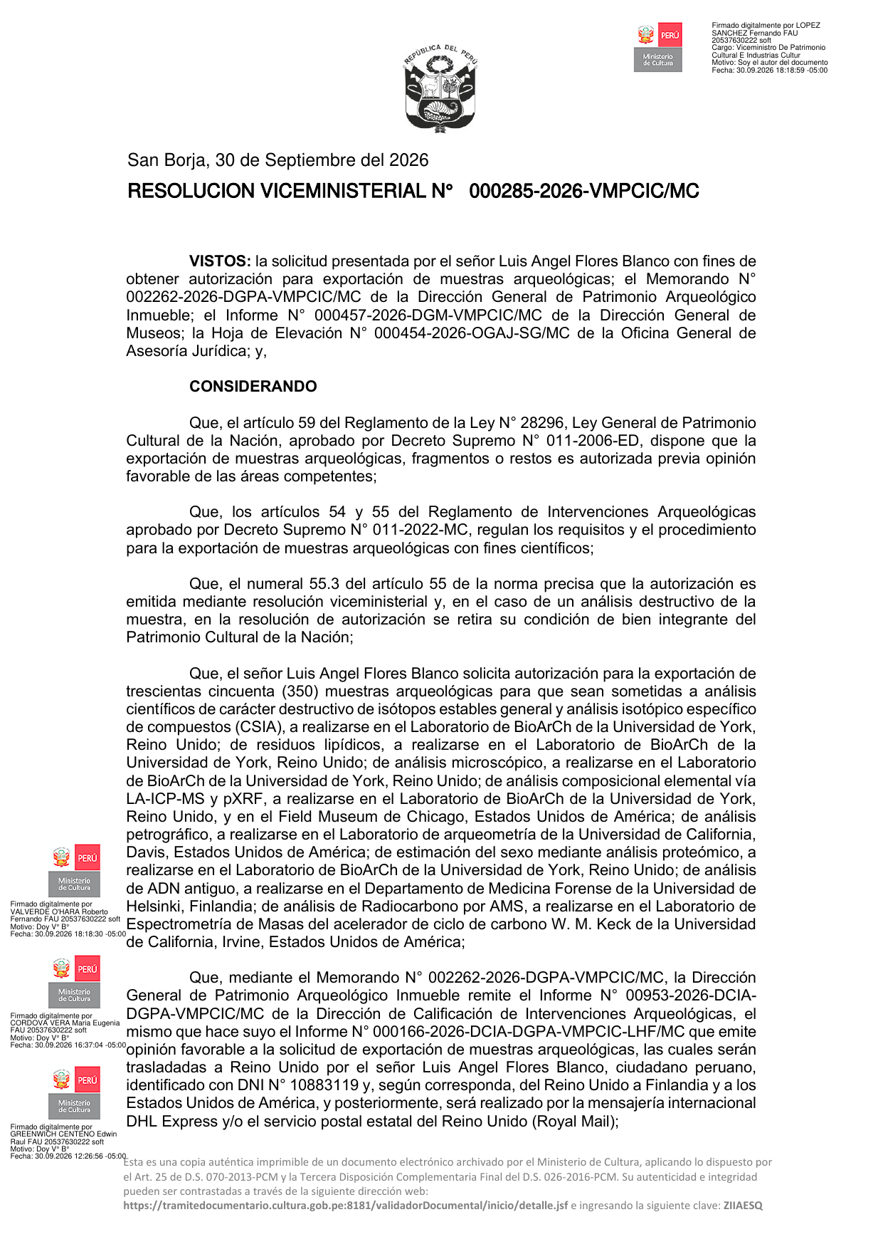 Resolution authorizing the export of archaeological samples
